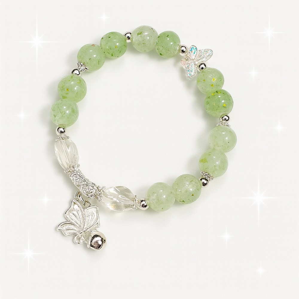 Green Speckled Glass Bead Bracelet w/ Butterfly Charm New with gift box